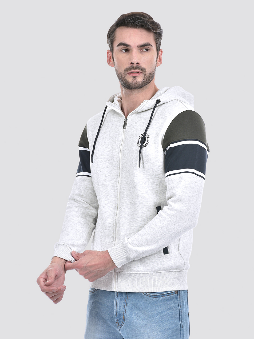 Numero Uno Men Grey Color Block Hooded Neck Brushed Fleece Sweatshirt